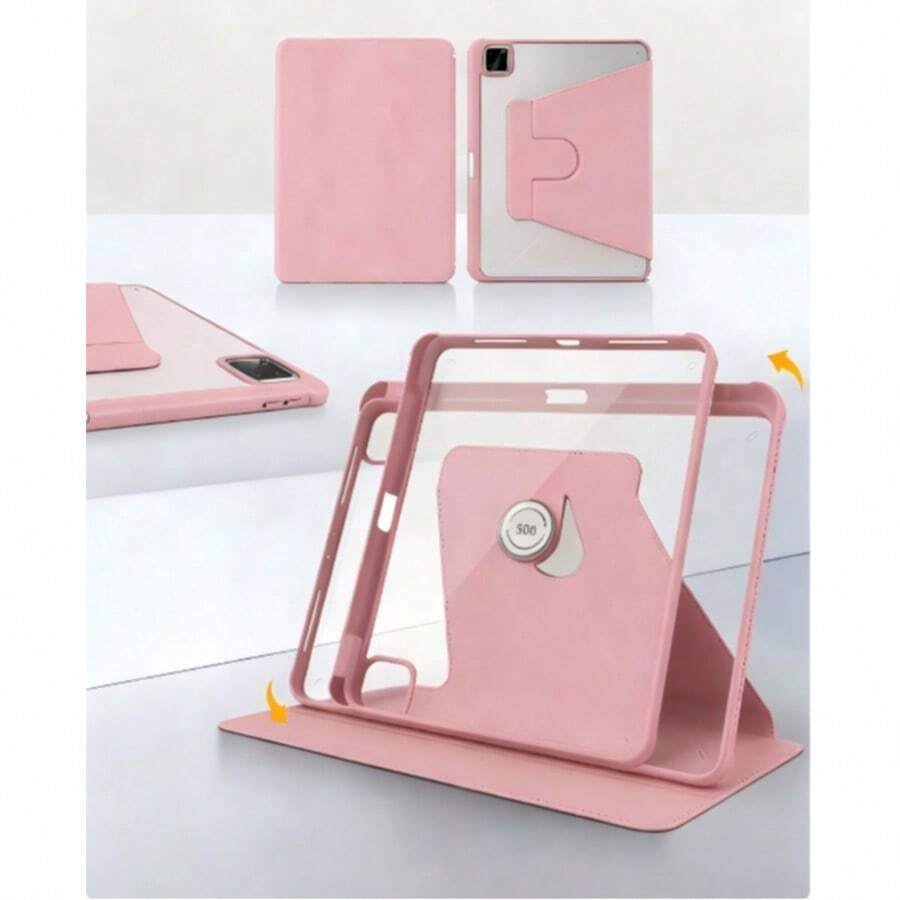 TenYide 黑色360°旋转亚克力三折支架，带笔槽，平板电脑保护套，兼容iPad Mini 6/Mini 7/9.7/10.2/10.5/Air 4/5/10.9/Pro 11/10th/Air 11(M2) 2024/Air 13(M2) 2024/PRO 11(M4) 2025、MatePad、Galaxy Tab、Honor Pad、Pad、Tab系列等，防震、防摔、防尘，带旋转支架 - 淺粉色 - 查看 1