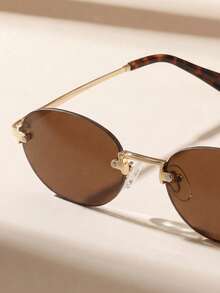 1副复古棕色椭圆形金属框男女通用眼镜，时尚休闲，通勤、海滩、街头风格个性化眼镜 - 金茶 - 查看 3