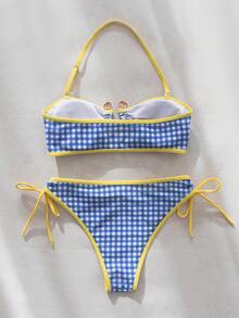 wohenmeili Plaid Print Contrast Trim Halter Neck Bikini Set Vacation - Light Blue Checkered White With Yellow Trim - View 2
