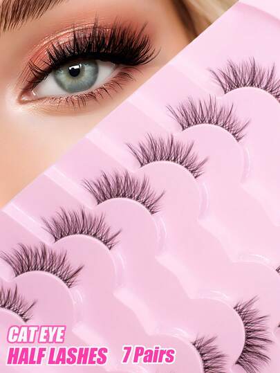 7 Pairs Criss-Cross False Eyelashes, Natural Fluffy Lashes, Cat Eye Lashes, Extended Outer Corner Lashes, Suitable For Daily Wear, Strip Eyelashes