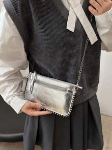 Crackle Patent Leather Envelope Bag, Women Fashion Charm Handbag, Beaded Shoulder/Crossbody Bag, Elegant Pearl Bag , New Year - Silver - View 5