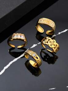 4pcs Fashionable Stainless Steel Men's Rings Set With Rhinestone Accents, Includes Cross Design, Suitable For Men's Daily Wear, Festivals, Dates, Engagements, Weddings, Gift Jewelry - Gold - View 1