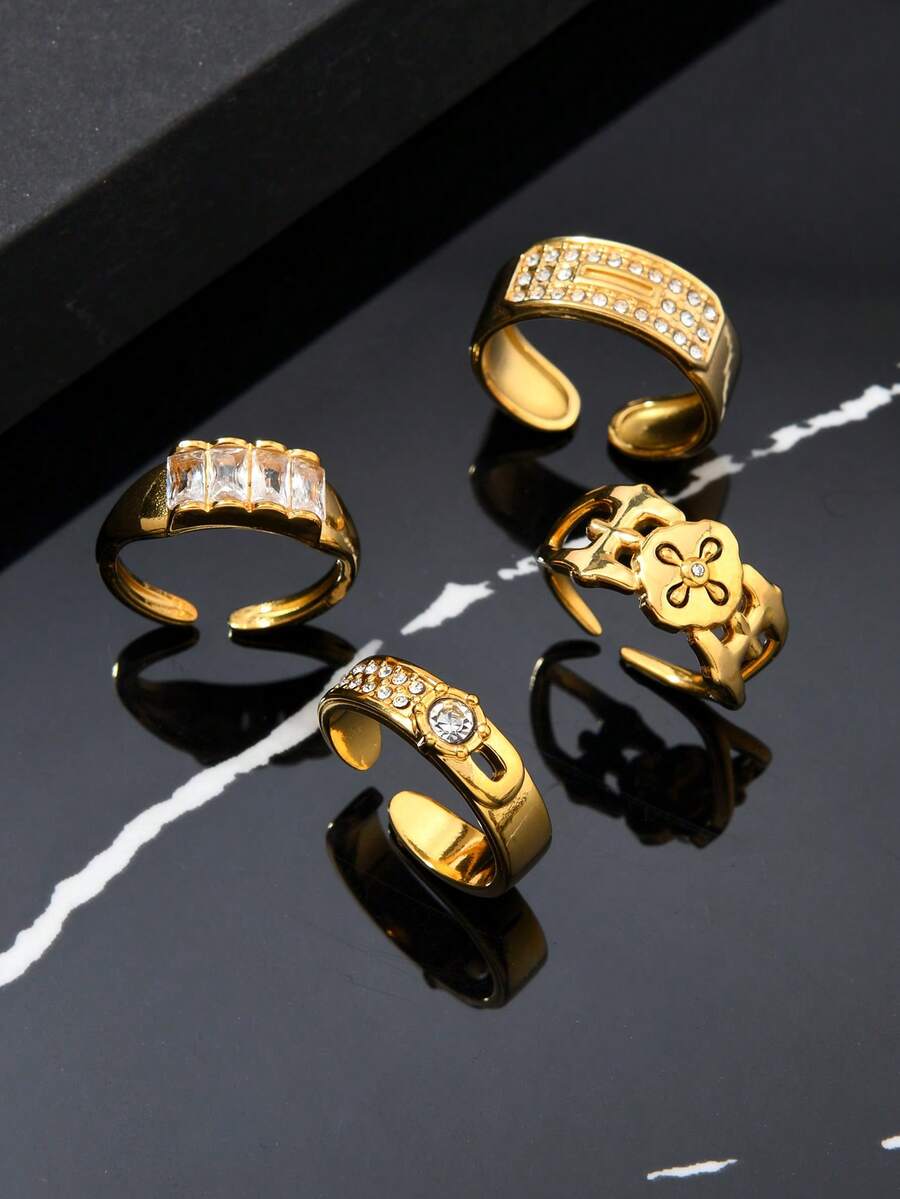 4pcs Fashionable Stainless Steel Men's Rings Set With Rhinestone Accents, Includes Cross Design, Suitable For Men's Daily Wear, Festivals, Dates, Engagements, Weddings, Gift Jewelry - Gold - View 1