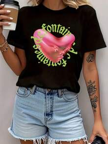 Fontain Essences Artistry Letter Print T-Shirt, Short Sleeve Crew Neck Casual Top For Summer & Spring, Women's Clothing - màu đen - Xem 1