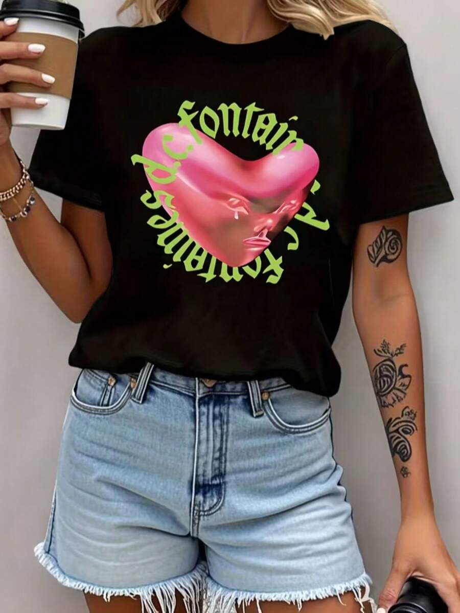 Fontain Essences Artistry Letter Print T-Shirt, Short Sleeve Crew Neck Casual Top For Summer & Spring, Women's Clothing - màu đen - Xem 1