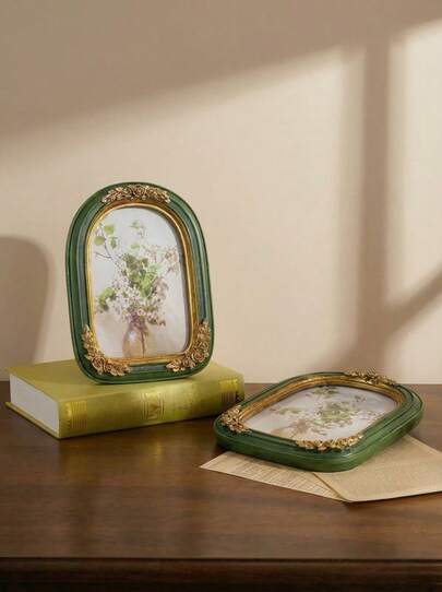 Cirelle Green Vintage Arch Frame, 5x7 And 8x10 Inch Retro Photo Frame, Elegant Gold Floral Pattern, Handcrafted Textured Resin, Antique Frame, Suitable For Wall Decor, Also As Wedding Bride Gift Or Holiday Gift