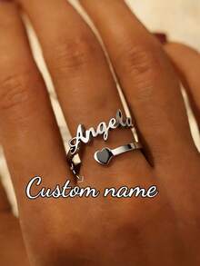 Customized Name Ring, Personalized Jewelry, Stainless Steel Gold/Silver Adjustable Ring, Couple Gift - Silver Heart Ring - View 1