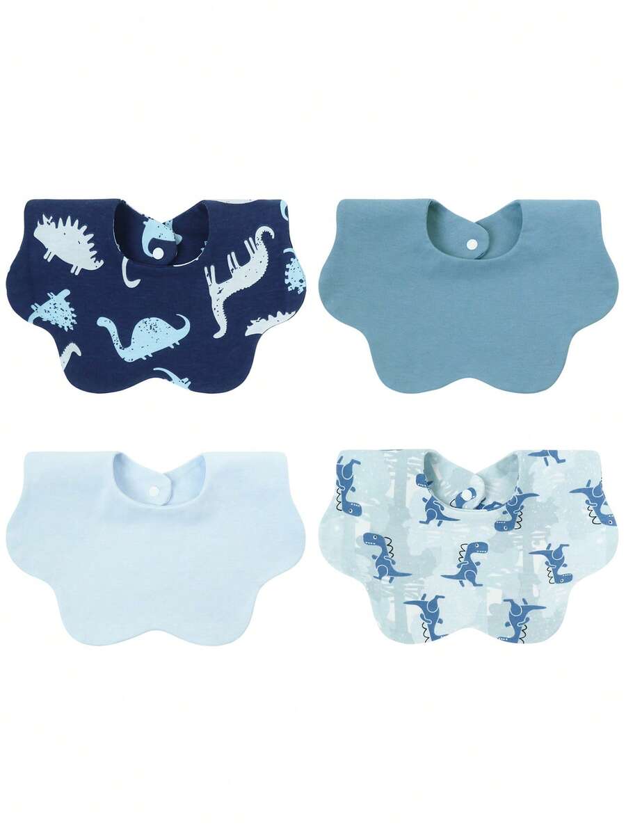 4 piezas de baberos con estampado de dinosaurios para bebé, baberos absorbentes de doble capa con dibujos animados para babeo de infantes, con cierre a presión floral, tela suave para recién nacidos - Multicolor - Ver 1