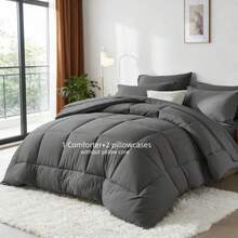 1 Juego de edredón acolchado, 1 edredón + 2 fundas de almohada, ropa de cama suave y transpirable, adecuada para todas las estaciones - Gris Oscuro - Ver 8
