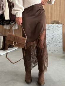 Elegant Women's Sexy Lace Patchwork Party Skirt, Fitted Waist Hollow Out Streetwear Skirt, Summer - Rỉ Nâu - Xem 3