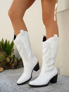 2026 Women's Fashion Chunky Heel Square Toe Embroidered Classic Western Boots - White - View 5