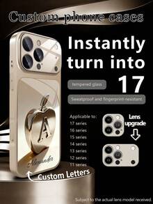 1pc Customizable Name, Luxury Gold Texture Business Apple Design Tempered Glass Shockproof Phone Case With Lens Protection, Compatible With IPhone 17/17Pro/17ProMax/17Air/16/16Pro/16ProMax/16Plus/15/15Plus/15Pro/15ProMax/14/14Plus/14Pro/14ProMax/13/13Pro/13ProMax/12/11 - Gold - View 1