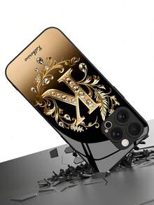 1个可定制金色字母装饰水钻纹理钢化玻璃手机壳，兼容 17 Pro Max/17 Air/15/16 Pro/14 Plus/13 Pro/12 Pro Max/11/Xs Max/8/7/6 Plus、S24 Ultra/S25 Ultra，兼容Redmi Note 13/14、Redmi K40、小米11，时尚商务定制礼品，送给家人、同事、朋友 - 黑色 - 查看 7