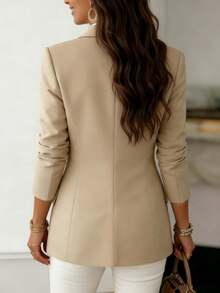 女士时尚长袖翻领纽扣轻薄梭织面料常规长度西装外套 - 卡其色 - 查看 3