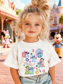 Disney Girls' T-Shirt, Featuring Creative Stitch And Lilo Cartoon Prints. Summer Cotton Crew-Neck Short-Sleeve Tee For Girls, Perfect For Everyday Wear, Vacations, Outdoor Activities, And As A Gift For Children. - trắng - Xem 1
