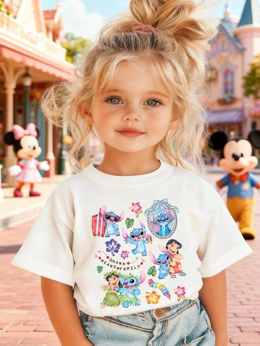 Disney Girls' T-Shirt, Featuring Creative Stitch And Lilo Cartoon Prints. Summer Cotton Crew-Neck Short-Sleeve Tee For Girls, Perfect For Everyday Wear, Vacations, Outdoor Activities, And As A Gift For Children. - trắng - Xem 1