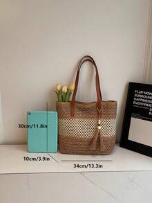 1 件新款时尚沙滩风女士手提包，轻便手工编织草编单肩包，撞色条纹流苏装饰休闲草编托特包，拉链封口，是度假旅行的理想之选 - 卡其色 - 查看 10
