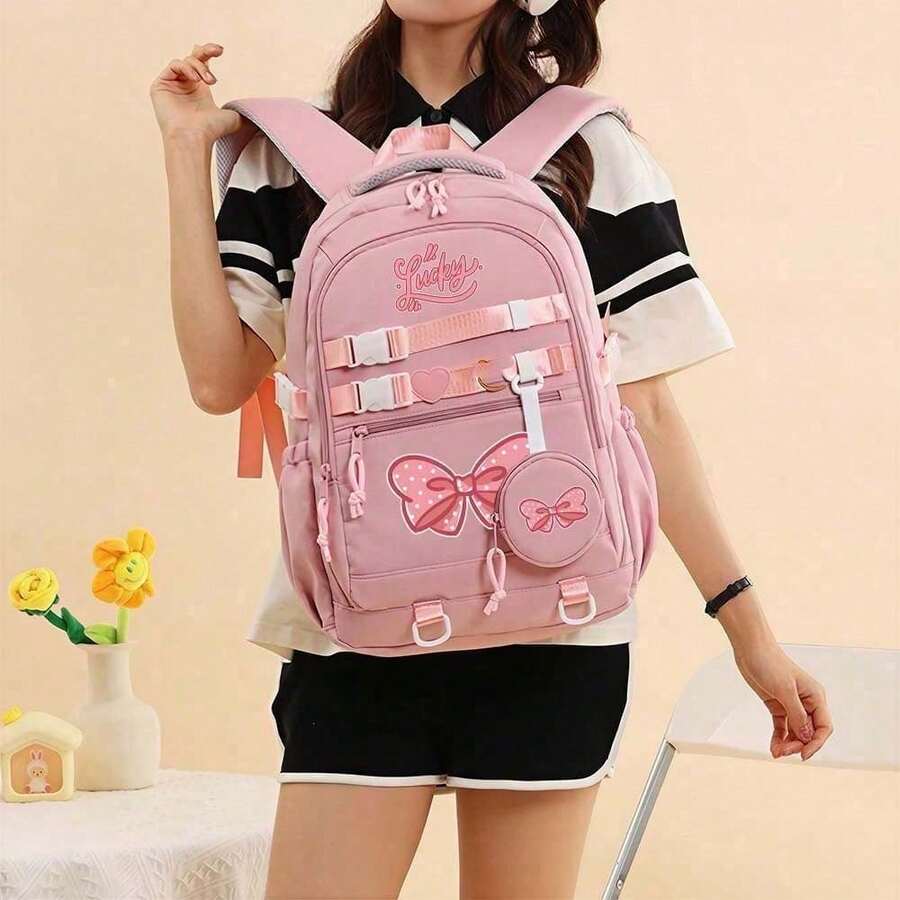 Cute Bow Tie Pink Lightweight Backpack For Girls, Fashionable And Portable Travel Backpack, Ergonomic Design Student Bookbag, Handbag, Casual Daypack, Large Capacity Multi-Compartment Pencil Case, Back To School Essential, Valentine's Day Gift - Multicolor - View 1