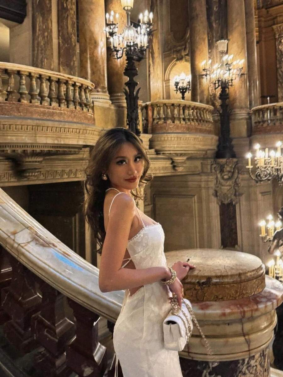 Long Elegant Backless Knit Bridesmaid Dress, Spaghetti Strap Sleeveless Design, Slightly Stretchy, Suitable For Parties And Vacations - White - View 1