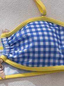 wohenmeili Plaid Print Contrast Trim Halter Neck Bikini Set Vacation - Light Blue Checkered White With Yellow Trim - View 10