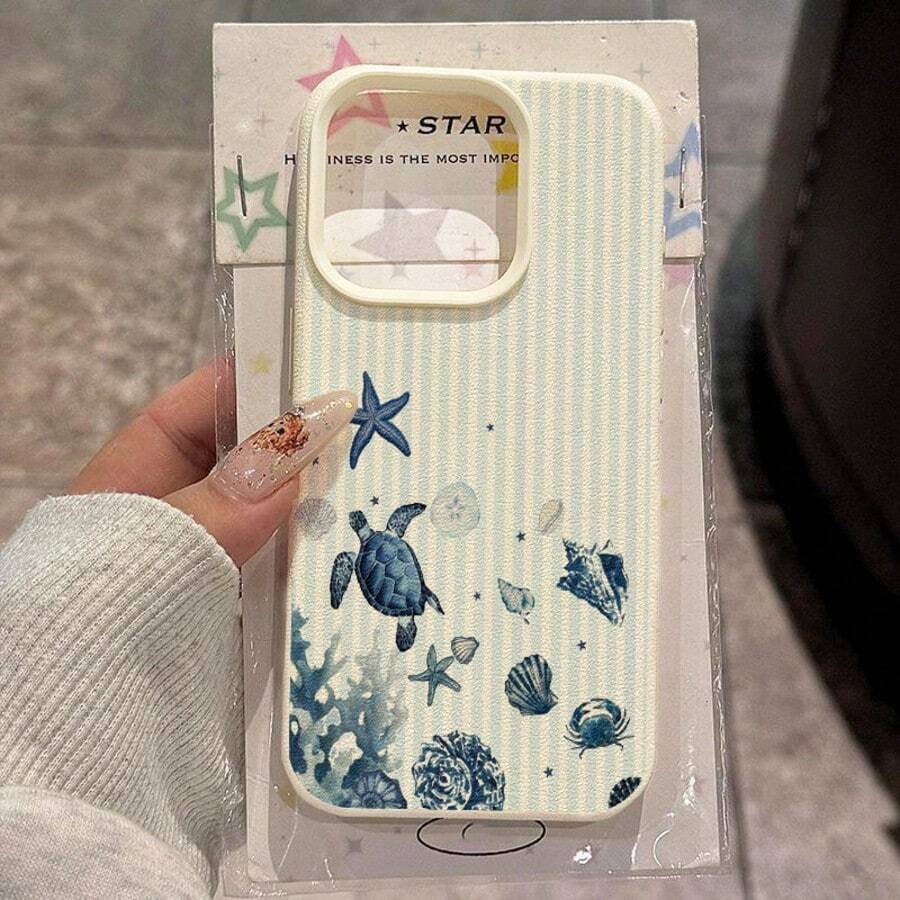 1pc TPU Material Fresh Blue Ocean Series Sea Turtle Shell Striped Pattern Phone Case Compatible With Apple 17 Pro Max/17/16 Pro Max/15/13/12/11, S20 FE/A15/S24/A55, Compatible With Redmi Note 11/Note 12/Note 13 Pro, Full Coverage Anti-Drop Soft Shell Phone Protective Cover,International Version, Not The Domestic Version - White - View 1