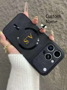 Customized Gold Letter Personalized Name Magnetic Denim Texture Phone Case For IPhone 17 Pro Max 17 16 15 14 13 12 11 Pro Max 14 15 16 Plus, Anti-Drop Protective Cover - Black - View 2