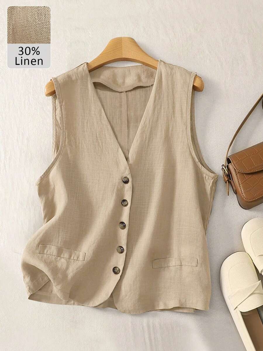 Áo blazer nữ dáng rộng, không tay, cài một hàng khuy, chất liệu pha lanh, thích hợp cho mùa xuân/hè. - Màu Khaki - Xem 1
