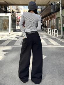 1 pieza Jeans anchos y sueltos de estilo casual para mujer, pantalones vaqueros versátiles y cómodos de estilo estadounidense para todas las estaciones (cinturón/accesorios no incluidos) - Negro - Ver 8