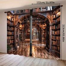 2pcs Library Bookshelf Pattern High-Definition Digital Printing Decorative Curtains, Semi-Transparent Polyester Material, Fade-Resistant. Can Be Hand-Washed Or Machine-Washed, Rod Pocket Hanging, Suitable For Bedroom And Living Room Decoration, Home Decorative Curtains - Multicolor - View 2