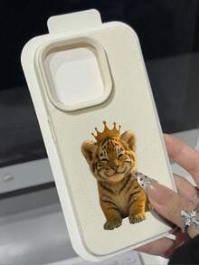 凶猛动物图案 1 件装 简约皇冠与可爱老虎纹荔枝纹理 防震防滑软手机壳 兼容苹果及其他手机 - 彩色 - 查看 3
