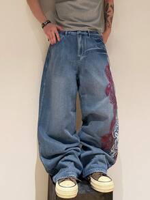 1pc Infinite Jeans Hong Kong Style High Street 3D Embroidery Floral Fashion Versatile Men's Washed Loose Wide Leg Jeans (Product Does Not Include Belt And Accessories) - Medium Wash - View 7