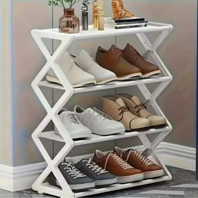 4-Tier X-Shaped Shoe Rack, Space-Saving Shoe Organizer, Shoe Cabinet, Vertical Shoe Shelf, Easy Assembly No Tools Required, Durable Metal Frame Anti-Rust, Adjustable Width, Compact Design, Modern Industrial Style, Stackable Space-Saving, Suitable For Entryway, Closet And Garage | Multifunctional Storage Rack For Boots, Sneakers, High Heels And Various Shoes