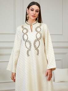 优雅V领刺绣长款卡夫坦连衣裙，饰以串珠和亮片，适合宴会、约会、居家、日常穿着。 - 杏色 - 查看 3