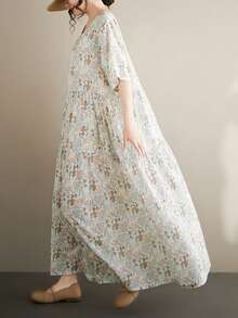 AZAH 波希米亞風休閒度假洋裝，女款大尺碼 2026 夏季長洋裝，女款大尺碼百褶 A 字長洋裝，圓領短袖 - 淺灰色 - 查看 3