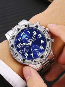 Set de 4 relojes de hombre de estilo hip hop en color plateado con acero inoxidable, adecuados para uso diario, reuniones de negocios, fiestas de cumpleaños, regalos del Día de San Valentín, regalos para novio/Día del Padre, casual y deportivo - Plateado - Ver 4