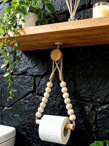 1/2pcs Wall Mounted Toilet Paper Holder, Bathroom Towel Rack, Creative No-Drill Bathroom Storage Organizer, Handwoven Wooden Bead Towel Rack, Retro Toilet Paper Holder (Suitable For Rental Apartments), Home Decor - Multicolor - View 4