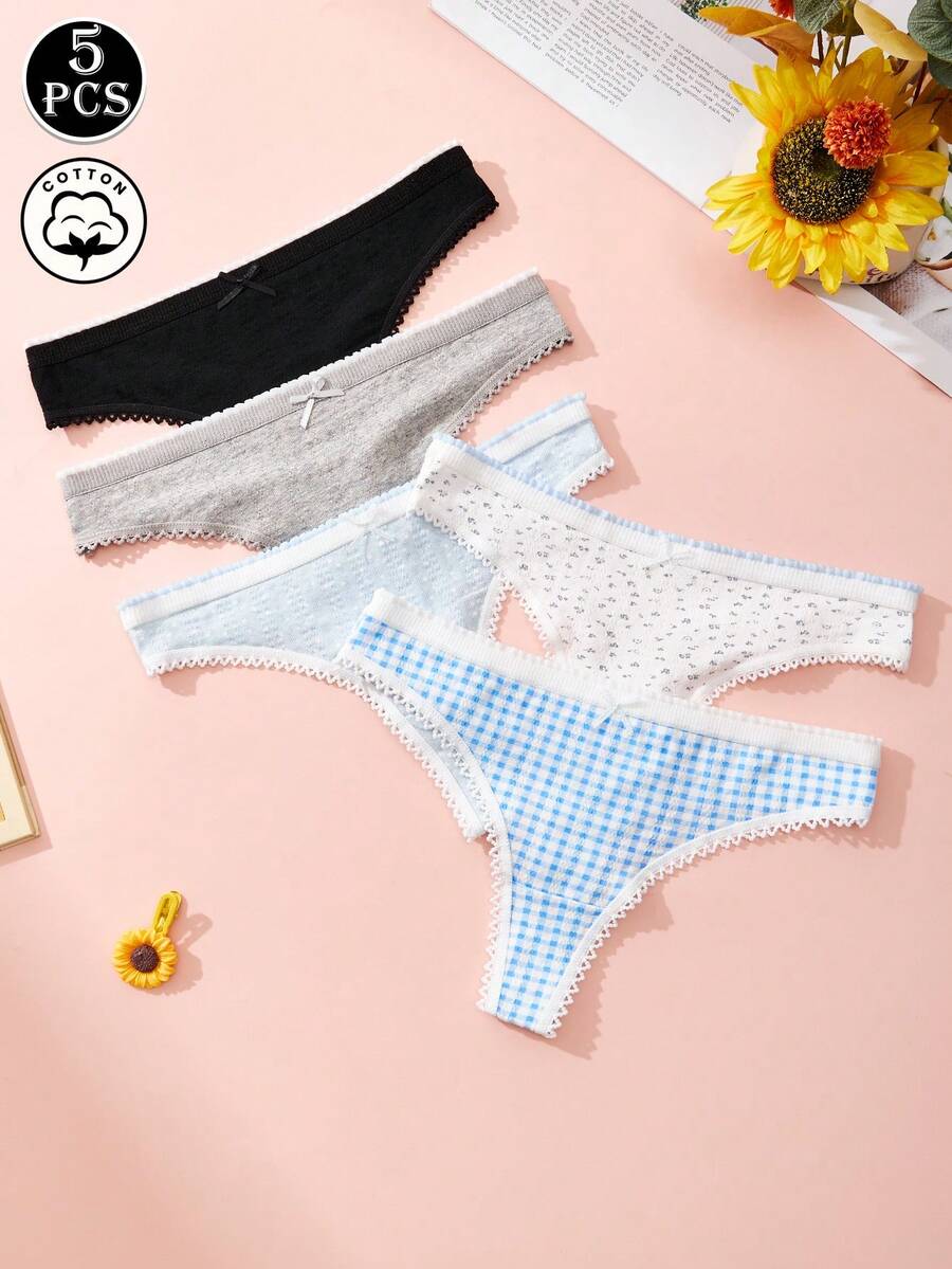 5pcs Women's Panties Set, Minimalist Cute Cotton Panties, Floral Hollow-Out Thong - Multicolor - View 1