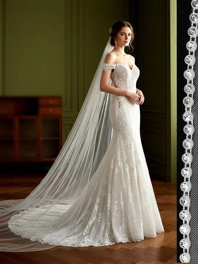 1pc Elegant Crystal Beaded Veil, 3 Meters Long, Suitable For Cathedral Wedding, Bridal Headpiece