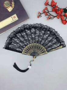 1 pieza Abanico plegable de encaje para mujer, diseño de orquídea de unicolor, accesorio de fotografía para actuaciones de baile de verano, abanico plegable con ribete de encaje estilo Lolita - Multicolor - Ver 3