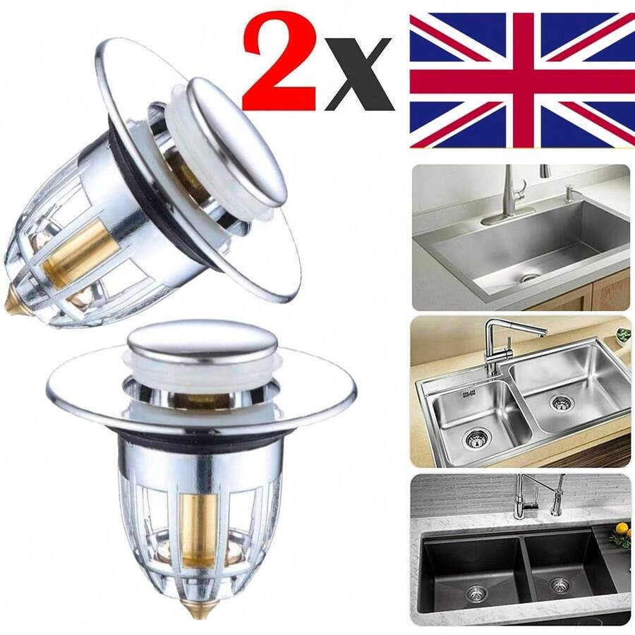 2 X Universal Bathroom Sink Stopper Pop Up Drain Filter Plug Wash Basin Core - 銀色 - 查看 1
