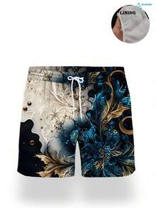 男士夏季印花图案抽绳腰斜插口袋夏威夷风速干双层网眼内衬短裤，彩色艺术3D印花时尚休闲沙滩泳裤 - 彩色 - 查看 2