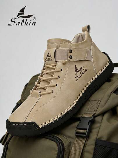 Salkin New Handmade Men's Boots With Elastic Band, Designer Casual Sneakers, Outdoor Leisure Shoes, Affordable Brand Feel, Daily Commute Versatile Flat Shoes, Non-Slip Durable Leather Shoes, Men's Ankle Boots, Holiday Gift, Soft Comfortable Breathable Spring/Autumn, Plus Size Men's Shoes, Please Order One Size Up As It Runs Small