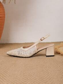 Spring/Summer New Apricot Embroidered Lace Mesh Pointed Toe High Heel, Pointed Toe High Heel Backstrap Comfortable Slingback Women's Shoes, Weddings - Apricot - View 6