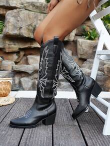 New Fashion Women's Pointed Toe Chunky Heel Embroidered Western Boots - Black - View 6