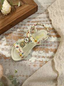 1 Pair Girls' T-Strap Flat Sandals With Floral Pattern Decor And Elastic Back Strap - Beige - View 7