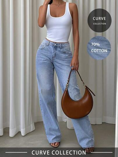 Plus Size Vintage Blue Loose Wide Leg Jeans, Women's, Casual Versatile, Slimming, Spring/Summer New, Straight Cut, Suitable For Holidays, Festivals, Denim Outfits, Jeans, Pants, Outings, Women's Jeans, Women's Denim Outfits, Women's Jeans, Bottoms