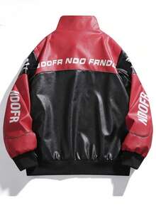 Moto Jacket With Contrast Panel Design -  Biker Style Zip-Up Featuring Oversized Brand Typography And Structured Silhouette - 紅色 - 查看 3