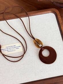 1件复古棕色天鹅绒圆形吊坠项链，长款毛衣链，优雅百搭配饰 - 項鍊 - 查看 15