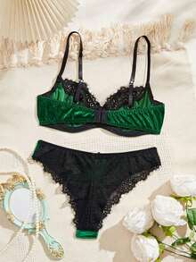 1套女士豹纹蕾丝无钢圈前扣文胸 - 綠色 - 查看 2