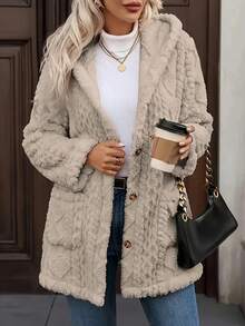 Transitional Weather Essential: Plush Textured Coat With Hood – Snug Fleece Material Keeps You Warm In Cool Early Spring Days & Chilly Winter Evenings. Designed With Functional Pockets, Classic Button Front, And A Soft, Tactile Finish For Cozy, Stylish Wear. - 灰色 - 查看 1